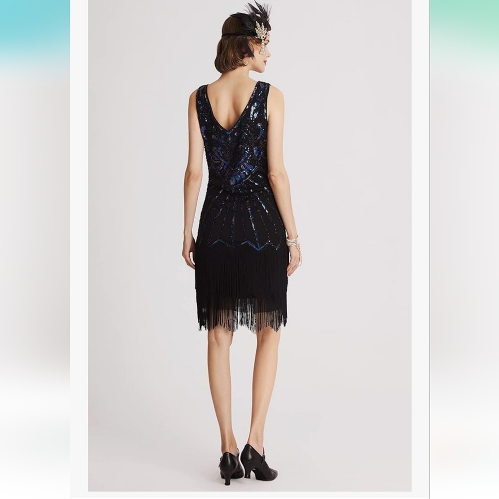 Elegant Black Sequin Flapper Dress 1920s Great Gatsby Style - Picture 12 of 16